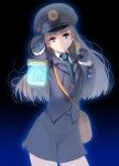  1girl bag bangs black_gloves blue_eyes blunt_bangs closed_mouth cowboy_shot gloves gradient gradient_background grey_hair hat highres lantern long_hair looking_at_viewer masao original outstretched_arm skirt solo standing uniform 