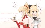  2girls :d ? april_fools artoria_pendragon_(all) black_bow black_ribbon blonde_hair bow bra breasts choker eyebrows_visible_through_hair fate_(series) gloves green_eyes hair_between_eyes hair_bow hair_ornament hair_scrunchie high_ponytail long_hair looking_down medium_breasts mordred_(fate) mordred_(fate)_(all) multiple_girls neck_ribbon open_mouth red_bra red_scrunchie ribbon saber_lily scrunchie shiny shiny_hair sideboob sidelocks sleeveless smile strapless strapless_bra thought_bubble touru_10ru under_boob underwear upper_body white_background white_gloves 