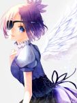  1girl angel_wings blue_eyes breasts chrome_dokuro closed_mouth commentary_request corset dress eyepatch katekyo_hitman_reborn looking_at_viewer purple_hair short_hair smile solo toki_runa wings 