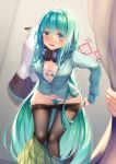  1girl black_legwear blush bra curtain_grab curtains dressing_room green_eyes green_hair hair_between_eyes hair_down hatsune_miku headphones headphones_around_neck highres long_hair looking_at_viewer open_mouth panties pantyhose pupupu_(1053378452) skirt skirt_pull thigh_gap underwear undressing very_long_hair vocaloid 