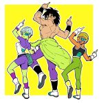  1girl 2boys :d armor bike_shorts black_hair boots broly_(dragon_ball_super) cheelai chuya_hukuaka commentary_request dancing dragon_ball dragon_ball_super_broly fanny_pack fingernails full_body ginga_patrol_jaco gloves green_legwear hat highres index_finger_raised jaco_teirimentenpibosshi_pose leg_up lemo_(dragon_ball) looking_at_viewer looking_back multiple_boys nervous open_mouth outstretched_arms purple_legwear scar scouter shirtless short_hair simple_background smile standing sweatdrop two-tone_background violet_eyes white_background white_gloves white_hair yellow_background 