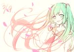  1girl :d bangs blush brown_background brown_hair brown_sailor_collar chita_(ketchup) commentary dated eyebrows_visible_through_hair floating_hair gradient_hair green_eyes green_hair hair_between_eyes hand_up hatsune_miku long_sleeves multicolored_hair open_mouth petals sailor_collar shirt signature simple_background sketch smile solo upper_body vocaloid white_shirt 