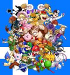  &gt;_&lt; 4girls 6+boys :d absurdres baseball_cap black_eyes blonde_hair blue_background blue_eyes blue_overalls blue_shorts blush bowser brown_hair brown_pants captain_falcon claws clenched_hand commentary_request creature creatures_(company) donkey_kong donkey_kong_(series) dr._mario dr._mario_(game) dual_persona f-zero facial_hair falco_lombardi fox_mccloud furry game_freak ganondorf gen_1_pokemon gen_2_pokemon gloves green_hat grin gun hammer hat helmet highres holding holding_baseball_bat holding_gun holding_hammer holding_sword holding_umbrella holding_weapon horns hoshi_no_kirby ice_climber ice_climbers jigglypuff kamakiri kirby kirby_(series) labcoat legendary_pokemon legs_apart link long_sleeves looking_at_viewer looking_away luigi male_focus mario super_mario_bros. marth metroid mewtwo mother_(game) mother_2 mr._game_&amp;_watch multiple_boys multiple_girls muscle mustache necktie ness nintendo open_mouth overalls pants pichu pikachu pointing pokemon pokemon_(creature) power_armor princess_peach princess_zelda project_m red_footwear red_hat red_neckwear roy_(fire_emblem) samus_aran sharp_teeth shield shirt shoelaces shoes short_sleeves shorts sideways_hat slingshot smile sneakers star_fox striped striped_shirt super_smash_bros. super_smash_bros_melee sword teeth the_legend_of_zelda the_legend_of_zelda:_ocarina_of_time tongue tongue_out umbrella v weapon white_gloves white_pants winter_clothes yoshi young_link 