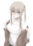  alternate_costume blonde_hair blush breasts brown_coat coat eyebrows_visible_through_hair graf_zeppelin_(kantai_collection) grey_eyes hair_between_eyes highres kantai_collection large_breasts long_hair mask ribbed_sweater sidelocks simple_background sweater tearing_up twintails white_background white_sweater zekkyon 