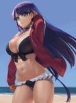  1girl abs absurdres bangs beach bikini black_bikini blue_eyes blue_sky blunt_bangs breasts choker cleavage fate/grand_order fate_(series) frills hand_in_hair highres jacket large_breasts latin_cross long_hair looking_at_viewer navel ocean open_clothes open_jacket parted_lips purple_hair ranma_(kamenrideroz) red_jacket saint_martha saint_martha_(swimsuit_ruler)_(fate) sky smile solo swimsuit thighs toned 