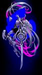  1girl absurdly_long_hair arched_back black_background blue capelet expressionless full_body gradient gradient_background highres limited_palette long_hair looking_at_viewer neon_trim original ponytail prosthesis prosthetic_leg purple shield simple_background skirt solo sword treble_clef tsuki-shigure very_long_hair violet_eyes weapon white_hair 