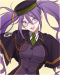  1girl atlas_academy_uniform blush breasts capelet eyebrows_visible_through_hair fate/grand_order fate_(series) glasses green_neckwear hair_between_eyes hat large_breasts long_hair looking_at_viewer necktie nusumenaihxseki open_mouth purple_hair simple_background sion_eltnam_atlasia smile solo twintails violet_eyes 