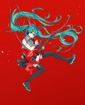  1girl ;) alternate_color alternate_nail_color bare_arms black_nails black_skirt blue_eyes blue_hair commentary_request electric_guitar eyebrows_visible_through_hair fingernails floating_hair full_body grey_shirt guitar happy hatsune_miku highres holding holding_instrument instrument ixima jumping long_hair music nail_polish one_eye_closed pin playing_instrument plectrum red_background shirt shoulder_tattoo simple_background skirt sleeveless sleeveless_shirt smile solo spread_legs tattoo thigh-highs thighs twintails very_long_hair vocaloid 