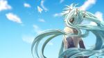  1girl bare_shoulders blue_hair blue_neckwear blue_sky clouds cloudy_sky commentary_request day detached_sleeves facing_away floating_hair flying graphite_(medium) grey_shirt hatsune_miku headset highres long_hair looking_up mitsu_rou necktie outdoors paper_airplane shirt sky sleeveless sleeveless_shirt solo standing traditional_media twintails upper_body very_long_hair vocaloid 