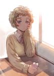  1girl blonde_hair blue_eyes blush bow_(bhp) brown_sweater closed_mouth collared_shirt commentary_request day expressionless freckles hand_on_own_cheek holding indoors light long_sleeves looking_at_viewer original shirt short_hair sketch sleeves_past_wrists solo sunlight sweater table upper_body white_shirt 
