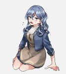  1girl 598teitoku blue_dress blue_eyes blue_hair brown_jacket commentary_request dress gotland_(kantai_collection) hair_bun jacket kantai_collection long_hair looking_at_viewer mole mole_under_eye open_mouth simple_background sitting solo sweat teeth white_background yokozuwari 