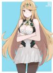  1girl bangs bare_shoulders blonde_hair blue_background blush breasts cleavage crossed_arms dress gem hair_ornament headpiece highres mythra_(xenoblade) kgctcg large_breasts long_hair nintendo simple_background solo spirit_(super_smash_bros.) super_smash_bros. super_smash_bros._ultimate swept_bangs thigh-highs tiara tsundere very_long_hair white_background white_dress xenoblade_(series) xenoblade_2 yellow_eyes 