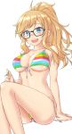  1girl :d aimobake arm_support ass bare_arms bare_shoulders bespectacled bikini black-framed_eyewear blonde_hair blue_eyes breasts cleavage collarbone commentary_request front-tie_bikini front-tie_top glasses highres idolmaster idolmaster_cinderella_girls long_hair looking_at_viewer medium_breasts multicolored multicolored_bikini multicolored_clothes ootsuki_yui open_mouth ponytail rainbow_bikini side-tie_bikini sidelocks simple_background sitting smile solo striped striped_bikini swimsuit thighs wavy_hair white_background 