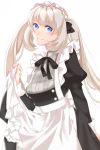 1girl akapug621 apron black_ribbon blue_eyes cowboy_shot dress_shirt eyebrows_visible_through_hair fate/grand_order fate_(series) floating_hair grey_shirt hair_ribbon long_hair long_sleeves looking_at_viewer maid maid_headdress marie_antoinette_(fate/grand_order) neck_ribbon ribbon shiny shiny_hair shirt silver_hair simple_background smile solo standing twintails very_long_hair white_apron white_background 