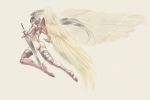  1girl angel_wings ass boots closed_mouth commentary_request final_fantasy final_fantasy_tactics gloves head_wings highleg leotard long_hair momigara_(mmgrkmnk) muscle red_legwear silver_hair simple_background solo sword thigh-highs thigh_boots ultima_(fft) weapon wings 