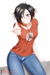 1girl alfred_cullado arm_support artist_name black_hair blush breasts denim grey_eyes hair_over_one_eye highres jeans medium_breasts multicolored_hair pants patreon_logo pointing pointing_at_viewer redhead ruby_rose rwby short_hair smile solo watermark web_address white_background 