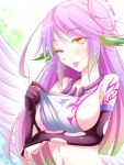  1girl ;p angel_wings blush breast_hold breasts bridal_gauntlets commentary_request crop_top cross eyebrows_visible_through_hair feathered_wings gloves gradient_eyes gradient_hair halo jibril_(no_game_no_life) kachirou large_breasts long_hair looking_at_viewer low_wings magic_circle midriff multicolored multicolored_eyes multicolored_hair navel no_game_no_life one_eye_closed orange_eyes pink_hair purple_hair sideboob solo symbol-shaped_pupils tattoo tongue tongue_out very_long_hair white_wings wing_ears wings yellow_eyes 