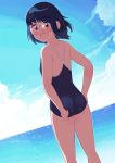  1girl 49s-aragon adjusting_clothes adjusting_swimsuit bangs black_hair blue_sky blush clouds cloudy_sky feet_out_of_frame from_behind from_below glasses halftone horizon looking_at_viewer looking_back medium_hair open_mouth original sky solo sparkle swimsuit water 