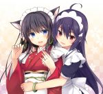  2girls ahoge animal_ears apron black_hair blonde_hair blue_eyes blush bracelet cat_ears character_request copyright_request detached_sleeves fuji_kakei japanese_clothes jewelry maid maid_apron maid_headdress multiple_girls ring smile 