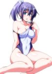 1girl bare_shoulders blue_eyes breasts competition_swimsuit covered_navel eyebrows_visible_through_hair hair_between_eyes high_ponytail highleg highleg_swimsuit medium_breasts one-piece_swimsuit open_mouth original purple_hair simple_background sitting sweat swimsuit swimsuit_pull white_background yokozuwari zetsumu 