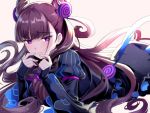  1girl blush breasts double_bun dress fang fate/grand_order fate_(series) frills hair_ornament hakka_(88hk88) long_hair murasaki_shikibu_(fate) open_mouth purple_hair sleeves_past_wrists solo striped vertical_stripes very_long_hair violet_eyes 