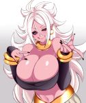  1girl absurdres android_21 android_21_(evil) bare_shoulders black_sclera bracelet breasts camui_kamui cleavage detached_sleeves dragon_ball dragon_ball_fighterz earrings eyebrows_visible_through_hair hair_between_eyes highres huge_breasts jewelry long_hair looking_at_viewer majin_android_21 monster_girl pink_skin pointy_ears red_eyes simple_background solo white_background white_hair 