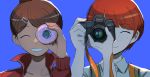  2girls ;d artist_name bangs blue_background blue_eyes brown_hair camera checkered checkered_neckwear closed_mouth collarbone dangan_ronpa doughnut eyebrows_visible_through_hair food freckles hair_ornament hairclip holding holding_camera holding_doughnut holding_food jacket koizumi_mahiru looking_at_viewer multiple_girls necktie one_eye_closed open_mouth qosic redhead short_hair simple_background single-lens_reflex_camera smile super_dangan_ronpa_2 track_jacket 