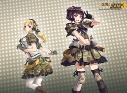  2girls adapted_uniform black_legwear blonde_hair brown_hair camouflage ear_protection english_text gloves hairband highres knee_pads midriff mismatched_legwear multiple_girls original pantyhose pink_eyes pointing ponytail sailor_collar short_sleeves tantu_(tc1995) thigh-highs v violet_eyes white_legwear 