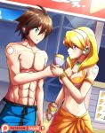  1boy 1girl :t abs absurdres adapted_costume alia_(rockman) alternate_costume android arm_at_side armlet bangs bare_shoulders bikini blonde_hair blue_eyes blush boxers bracelet breasts brown_hair capcom cleavage closed_mouth collarbone commentary couple crepe criss-cross_halter eating english_commentary eye_contact eyebrows_visible_through_hair eyes_visible_through_hair female_swimwear food green_eyes hair_between_eyes halterneck hand_holding headphones hetero highres holding holding_food jewelry long_hair looking_at_another male_swimwear medium_breasts mgx0 midriff neck orange_bikini orange_sarong orange_swimsuit outdoors patreon_username robot_ears rockman rockman_x sarong sharing_food shiny shiny_hair side-by-side smile standing swim_trunks swimsuit underwear x_(rockman) 