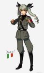  1girl anchovy anzio_military_uniform bangs belt black_belt black_neckwear black_ribbon black_shirt boots dress_shirt drill_hair full_body girls_und_panzer green_hair grey_background grey_jacket grey_pants grin hair_ribbon holding italian_flag italian_text jacket knee_boots long_hair long_sleeves military military_uniform necktie pants red_eyes ribbon riding_crop sam_browne_belt shirt simple_background smile standing toshio twin_drills twintails twitter_username uniform wing_collar 