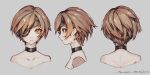  1girl 2018 black_choker black_eyepatch brown_eyes character_name character_sheet choker collarbone copyright_name eyepatch grey_background hair_behind_ear highres looking_at_viewer mahou_arms multiple_views official_art one_eye_covered piro_(mahou_arms) short_hair softmode 