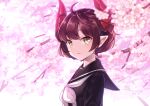  1girl ahoge bangs black_sailor_collar black_serafuku blurry brown_hair cherry_blossoms day depth_of_field dragon_horns expressionless head_tilt horns looking_at_viewer mizunoyatwi neckerchief original outdoors pointy_ears sailor_collar school_uniform serafuku short_hair slit_pupils solo standing tree_branch upper_body white_neckwear yellow_eyes 