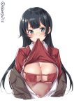  1girl agano_(kantai_collection) bikini black_hair blouse blush breasts clothes_lift ebifurya eyepatch_bikini green_eyes highres kantai_collection large_breasts lifted_by_self long_hair looking_at_viewer midriff mouth_hold navel red_bikini red_sweater shiny shiny_skin solo stomach sweater sweater_lift swimsuit twitter_username under_boob upper_body white_background 