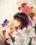  1girl black_eyes black_hair bug butterfly butterfly_on_hand flower insect izumi_(stardustalone) japanese_clothes kimono long_hair parted_lips pink_flower profile renri_no_chigiri_wo_kimi_to_shiru solo upper_body white_flower 