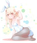  1girl :o animal_ears arm_support arm_up armpits bangs blonde_hair blue_leotard blush bunny_girl bunny_tail circle collarbone curled_fingers eyebrows_visible_through_hair fate/stay_night fate_(series) fishnet_pantyhose fishnets hand_in_hair highres illyasviel_von_einzbern leotard long_hair looking_at_viewer no_shoes pantyhose parted_bangs rabbit_ears red_eyes satanaka_kuroha sitting solo strapless strapless_leotard tail unmoving_pattern very_long_hair white_background yokozuwari 