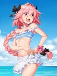  1boy abs astolfo_(fate) bikini black_bow black_ribbon bow bracelet braid fang fate/apocrypha fate/extella_link fate/grand_order fate_(series) frilled_swimsuit frills hair_intakes hair_ribbon hakka_(88hk88) jewelry long_braid long_hair male_focus multicolored_hair navel pink_hair ribbon single_braid solo streaked_hair swimsuit trap very_long_hair 