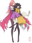 1boy 1girl absurdres animal_ears bare_shoulders black_gloves black_hair black_sclera blazblue blazblue:_central_fiction blazblue:_chronophantasma blazblue:_cross_tag_battle breasts cape cat cat_ears cat_tail claw_(weapon) claws cleavage eyepatch gloves highres jubei_(blazblue) konoe_a_mercury large_breasts long_hair madiblitz multiple_tails pink_hair red_eyes smile spiky_hair tail thigh-highs weapon yellow_eyes 