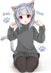  1girl absurdres animal_ears bangs blush brown_legwear cat_ears cat_girl cat_tail commentary_request eyebrows_visible_through_hair fang full_body grey_hair grey_sweater hands_up head_tilt highres long_sleeves looking_at_viewer open_mouth original pantyhose paw_pose red_eyes seiza shadow sidelocks sitting solo sora_(silent_square) sweater tail tail_raised translated white_background 