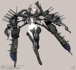  1girl absurdres artist_name bandage black_hair braid center_opening character_name coin fingerless_gloves full_body gloves grey_background gun highres invisible_hand long_hair mask mecha_musume midriff navel pale_skin personification red_eyes rifle solo star_wars thigh-highs vectorek weapon 