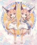  2girls apron black_hair blue_eyes bow bowtie caracal_(kemono_friends) caracal_ears caracal_tail commentary_request dress elbow_gloves eyebrows_visible_through_hair fangs gloves hat highres japari_symbol kemono_friends kemono_friends_festival kolshica light_brown_hair long_hair long_sleeves medicine multicolored_hair multiple_girls multiple_persona nurse nurse_cap open_mouth sandals short_sleeves sidelocks smile thigh-highs zettai_ryouiki 
