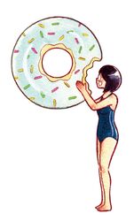  1girl 49s-aragon bare_legs barefoot black_hair blue_swimsuit doughnut food full_body glasses medium_hair one-piece_swimsuit original oversized_food oversized_object simple_background solo standing swimsuit white_background 