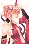  1girl akapug621 breasts cat_tail cleavage cleavage_cutout cosplay_request detached_sleeves fate/grand_order fate_(series) flower fujimaru_ritsuka_(female) hair_flower hair_ornament hair_ribbon holding_polearm long_sleeves medium_breasts navel_cutout orange_hair red_ribbon ribbon short_hair solo tail upper_body white_background white_flower wide_sleeves 