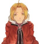  1boy ahoge black_shirt blonde_hair coat collarbone edward_elric fullmetal_alchemist gloves hair_intakes head_rest hood hood_down hooded_coat kdkdn12 looking_at_viewer male_focus open_clothes open_coat red_coat shirt short_hair simple_background smile solo upper_body white_background white_gloves yellow_eyes 