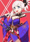  1girl :d absurdres asymmetrical_hair autumn_leaves blue_eyes breasts bright_pupils cleavage cowboy_shot earrings eyebrows_visible_through_hair fate/grand_order fate_(series) fingernails floral_print halterneck hand_on_hip highres holding holding_sword holding_weapon jewelry kamekiti katana leaf_print legs_apart long_hair long_sleeves magatama medium_breasts miyamoto_musashi_(fate/grand_order) navel open_mouth over_shoulder ponytail sheath sleeves_past_wrists smile solo sword teeth weapon weapon_over_shoulder white_hair white_pupils wide_sleeves 