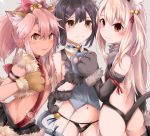  3girls animal_ears armband ass backless_outfit bangs bare_shoulders bell black_hair black_leotard black_panties black_skirt blush bow breasts brown_eyes cat_ears cat_paws cat_tail chloe_von_einzbern closed_mouth collar dark_skin fate/kaleid_liner_prisma_illya fate_(series) fur_trim garter_straps gloves grey_background grey_legwear hair_between_eyes hair_bow hair_ornament hairclip illyasviel_von_einzbern jingle_bell leotard long_hair looking_at_viewer miyu_edelfelt multiple_girls navel orange_eyes panties paw_gloves paw_shoes paws pink_hair ponytail red_bow red_eyes shoes sidelocks simple_background skirt small_breasts smile stomach_tattoo tail tan tattoo thighs tongue tongue_out two_side_up underwear watanai72 white_hair 