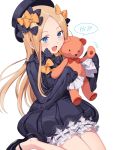  1girl abigail_williams_(fate/grand_order) bangs black_bow black_dress black_hat black_pillow blonde_hair blue_eyes blush bow dress eyebrows_visible_through_hair fate_(series) frilled_sleeves frills hair_bow hakka_(88hk88) hat highres holding holding_stuffed_animal long_hair long_sleeves looking_at_viewer orange_bow pillow polka_dot polka_dot_bow polka_dot_pillow seiza sitting sleeves_past_fingers sleeves_past_wrists smile solo stuffed_animal stuffed_toy teddy_bear very_long_hair 