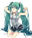  1girl absurdly_long_hair absurdres amny599 black_skirt breasts cleavage collarbone eyebrows_visible_through_hair green_eyes green_hair green_nails grey_shirt hair_between_eyes hair_ornament hands_in_hair hatsune_miku highres kneeling long_hair looking_at_viewer medium_breasts miniskirt nail_polish pleated_skirt shiny shiny_hair shirt simple_background skirt sleeveless sleeveless_shirt solo twintails very_long_hair vocaloid white_background 