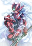  1boy android bishounen blue_eyes commentary_request elbow_on_knee feathers helmet highres holding holding_weapon long_hair male_focus robot_joints rockman rockman_zero silver_hair simple_background sitting solo sword user_fuyz3388 very_long_hair weapon white_background white_feathers zero_(rockman) 