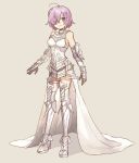  1girl alternate_color armor armored_boots armored_dress bare_shoulders blush boots breasts cape closed_mouth commentary_request fate/grand_order fate_(series) gloves hair_over_one_eye knight lavender_eyes lavender_hair looking_at_viewer mash_kyrielight medium_breasts newo_(shinra-p) short_hair simple_background smile solo white_armor white_cape 