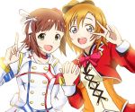  2girls amami_haruka animelo_summer_live commentary commentary_request hair_ribbon idolmaster idolmaster_(classic) idolmaster_movie kousaka_honoka love_live! love_live!_school_idol_project love_live!_the_school_idol_movie multiple_girls open_mouth ribbon smile starpiece_memories sunny_day_song upper_body v white_background yoroshi_(yoroshii_seikatsu) 